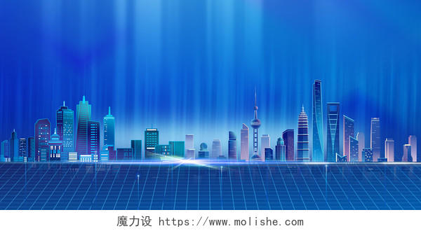 蓝色科技感城市城市剪影科技城市展板背景